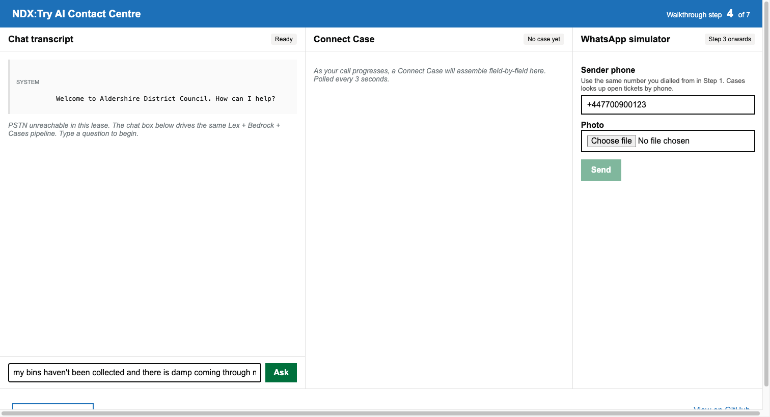 Companion app mid-call: transcript pane filling on the left, Connect Case in the middle showing customer_phone_number, address, intent_category=BinCollection, and intents[]=[MissedCollection].