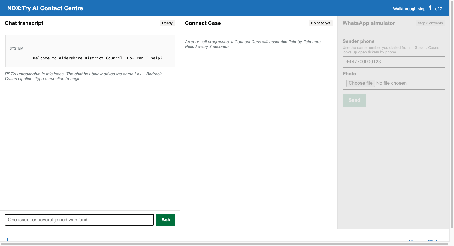 Companion app three-pane after photo upload: transcript shows bot reading the photo description back to the caller, Connect Case in the middle shows photo_attachment populated, simulator pane shows the photo response bubble.
