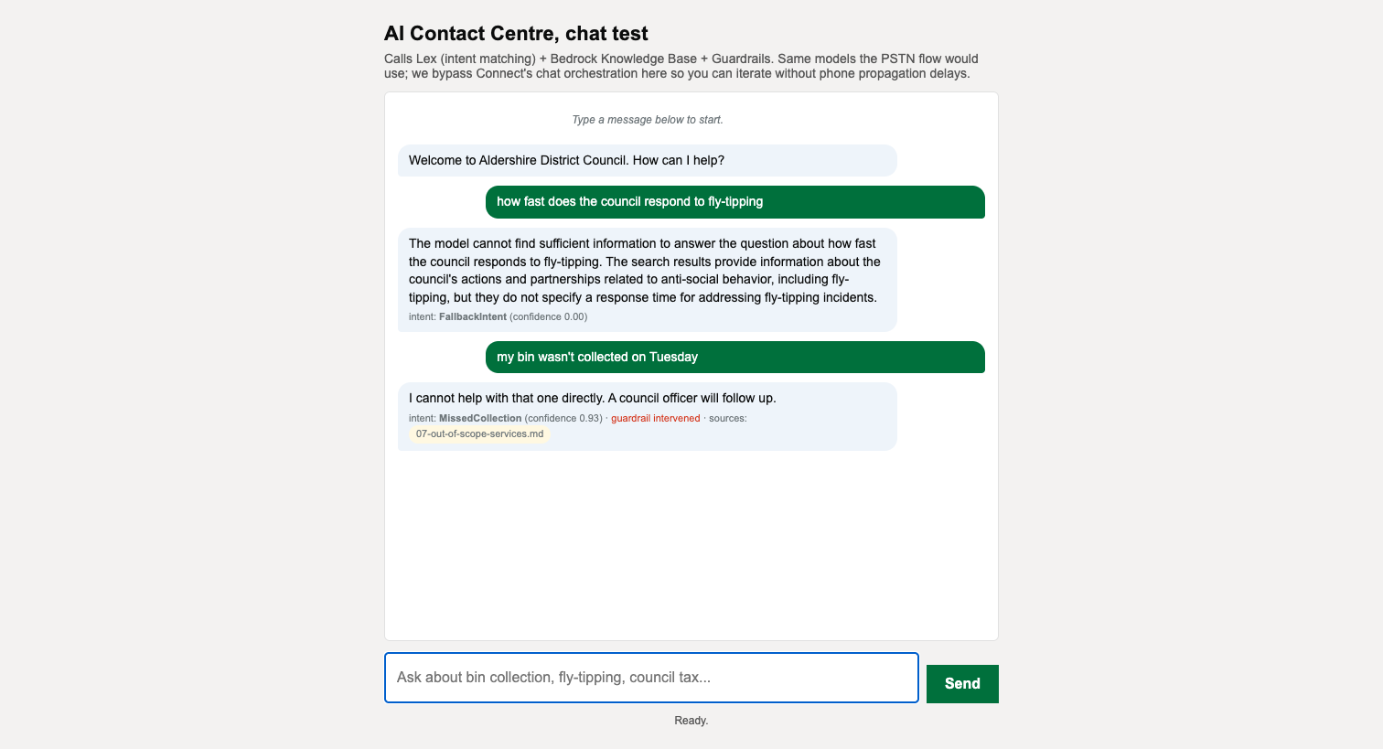 Companion app left pane showing the bin-collection conversation: caller asks about Tuesday's missed pickup, bot replies with Aldershire DC's bin schedule, finishes by reading a six-character reference number.