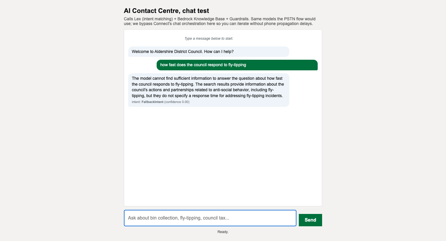 Companion transcript with the bot acknowledging a fly-tip report and asking the caller to send a photo through the simulator.
