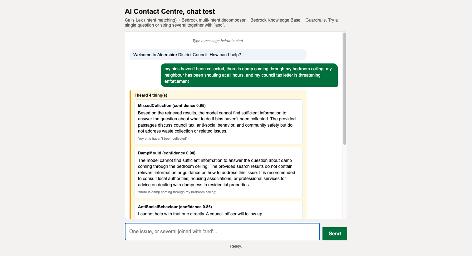 Companion app transcript with five caller utterances marked red on the sentiment chip: missed bins, damp, antisocial neighbour, council tax letter, blocked driveway.