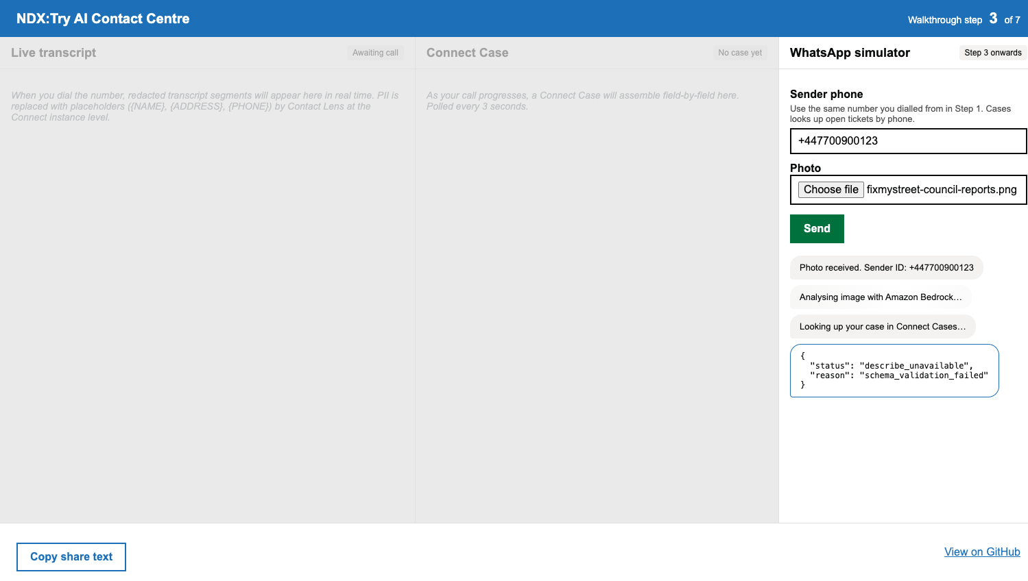 Companion app right pane during photo upload: a chat bubble shows 'Photo received', an animated 'Analysing image with Amazon Bedrock' bubble, then a structured object_class/condition/severity/suggested_council_action response.
