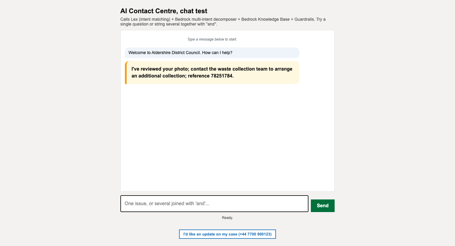 Highlighted bot reply line in the transcript: 'I've reviewed your photo; environmental health will visit Wednesday, ref ABC123.' This is the headline moment of the scenario.