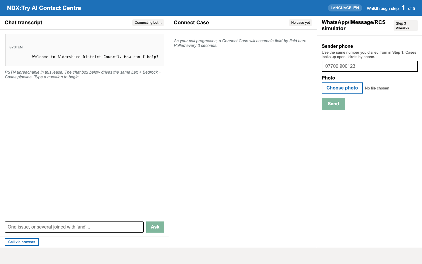 Companion three-pane web app on first load. Left pane shows 'Welcome to Aldershire District Council. How can I help?' as a SYSTEM message. Middle pane shows an empty Connect Case placeholder. Right pane shows the WhatsApp/iMessage/RCS simulator with sender phone and Choose photo controls.