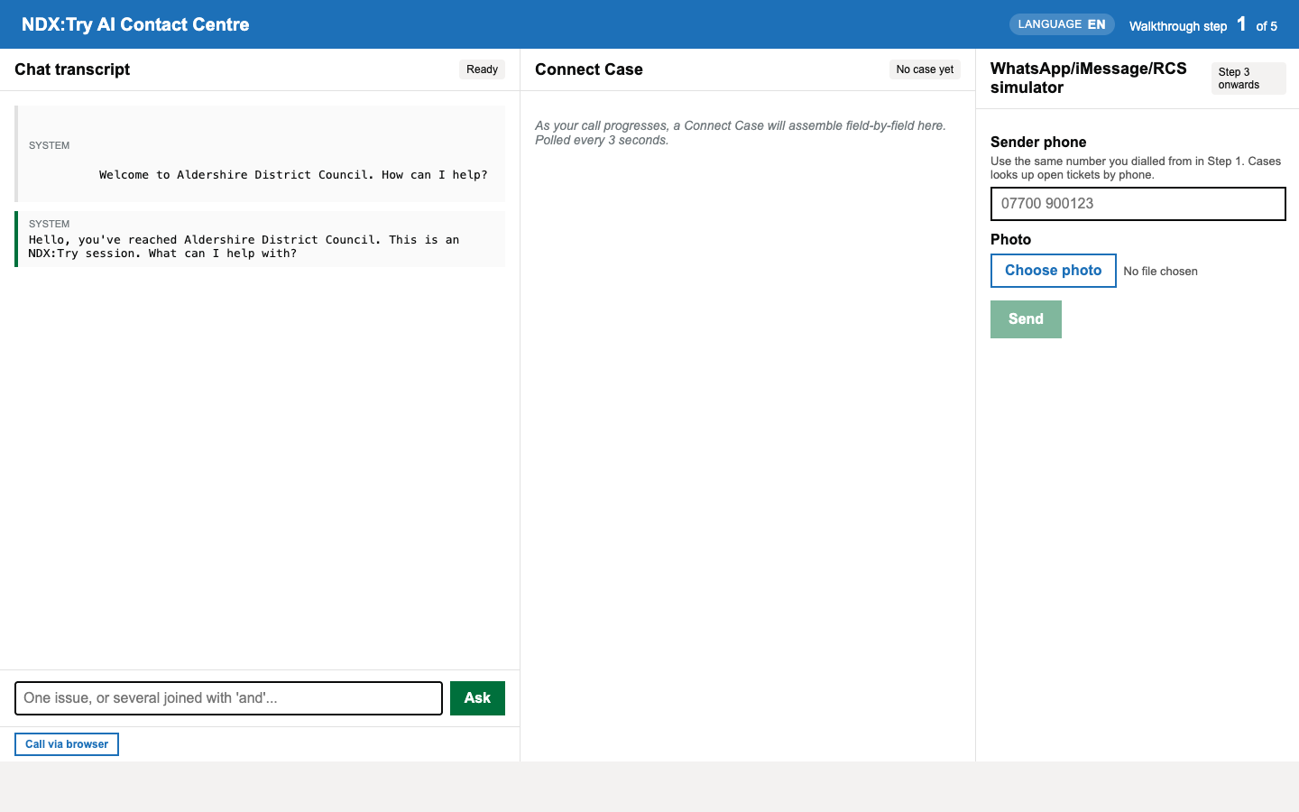 Companion app three-pane view. The chat-input row at the bottom of the left pane shows a 'Call via browser' button immediately under it. The transcript shows the system Welcome and the bot Aldershire greeting.