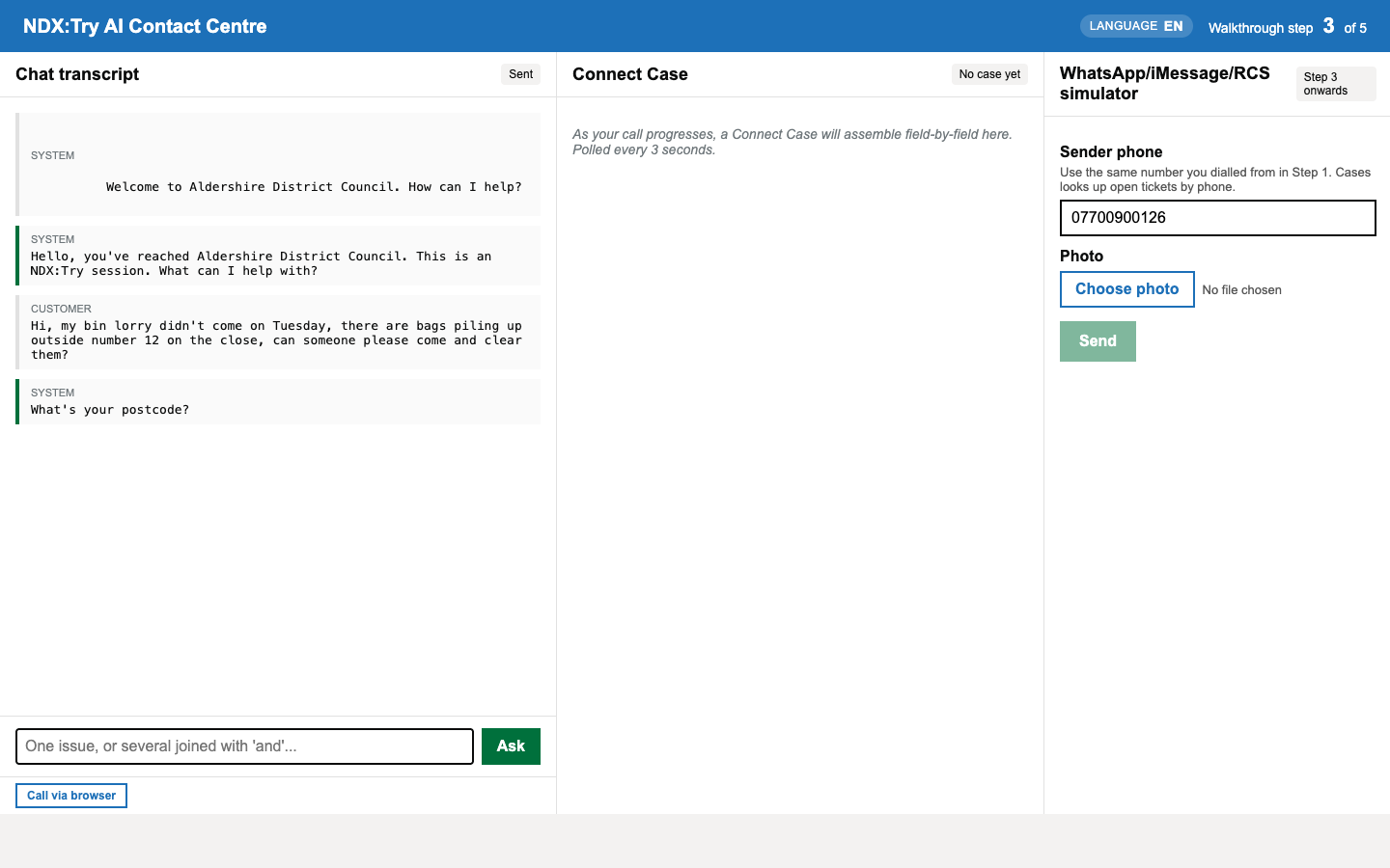 Companion app mid-conversation. Transcript pane shows the bot greeting, then the customer asking about the missed Tuesday bin collection at number 12 on the close, then the bot asking 'What's your postcode?' to look up the round.
