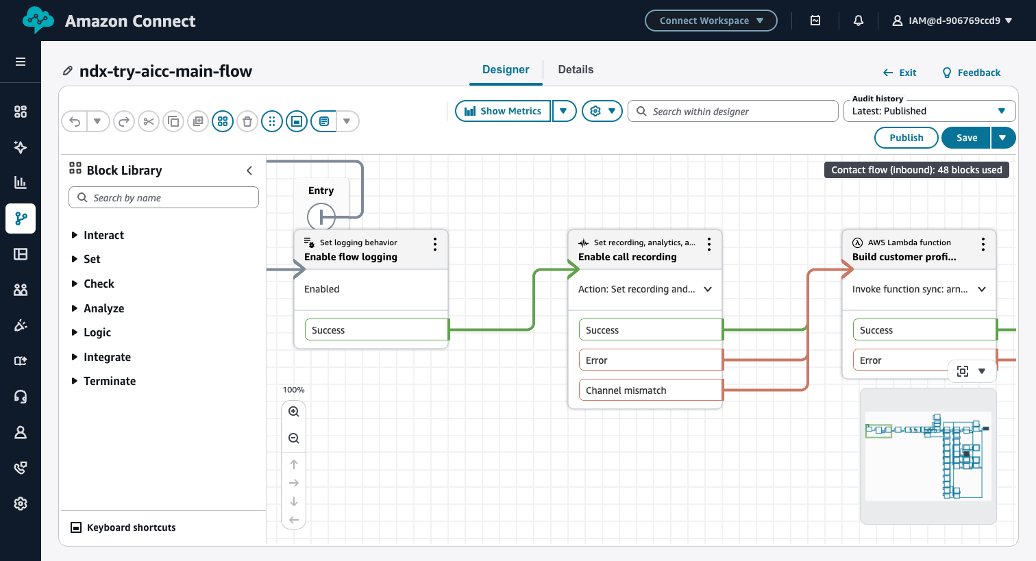 Amazon Connect flow designer for ndx-try-aicc-main-flow. Top left shows the flow name. Block library on the left, designer canvas in the middle showing Entry, Set logging behavior 'Enable flow logging', Set recording analytics 'Enable call recording', AWS Lambda function 'Build customer profile' blocks. Mini-map at the bottom right shows 48 blocks total.