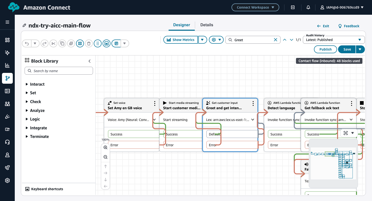 Flow editor scrolled to show the Set Amy en GB voice, Start media streaming, Get customer input 'Greet and get inten...', AWS Lambda 'Detect language', and 'Get fallback ack text' blocks. The Greet block is highlighted with a blue selection border. The 'Greet' search match indicator '1/1' is visible at top right.
