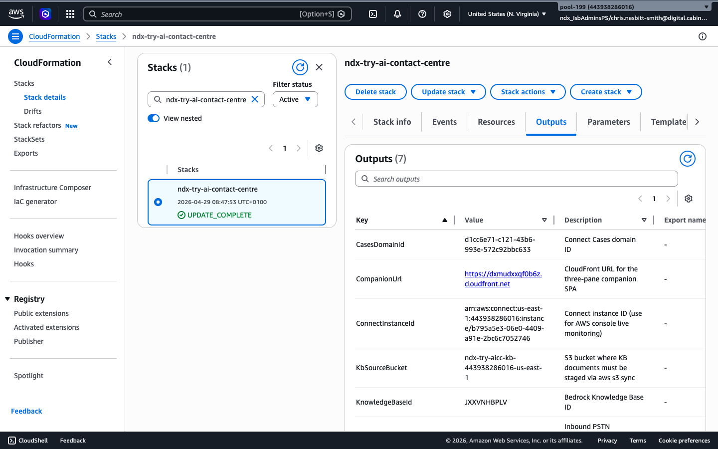 CloudFormation stack details for ndx-try-ai-contact-centre, with the Outputs tab selected. Outputs (7) listed: CasesDomainId, CompanionUrl https://dxmudxxqf0b6z.cloudfront.net, ConnectInstanceId, KbSourceBucket, KnowledgeBaseId, and the start of an 'Inbound PSTN' description below the fold.