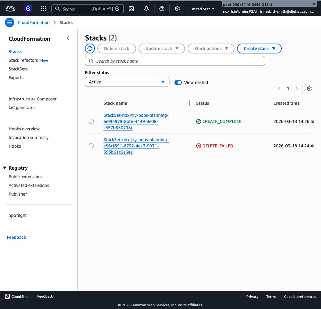 CloudFormation console showing BOPS stack with CREATE_COMPLETE status