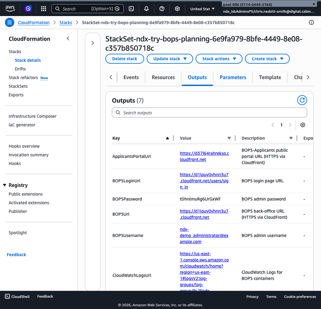 CloudFormation Outputs tab showing BOPSLoginUrl, BOPSUsername, BOPSPassword, and ApplicantsPortalUrl