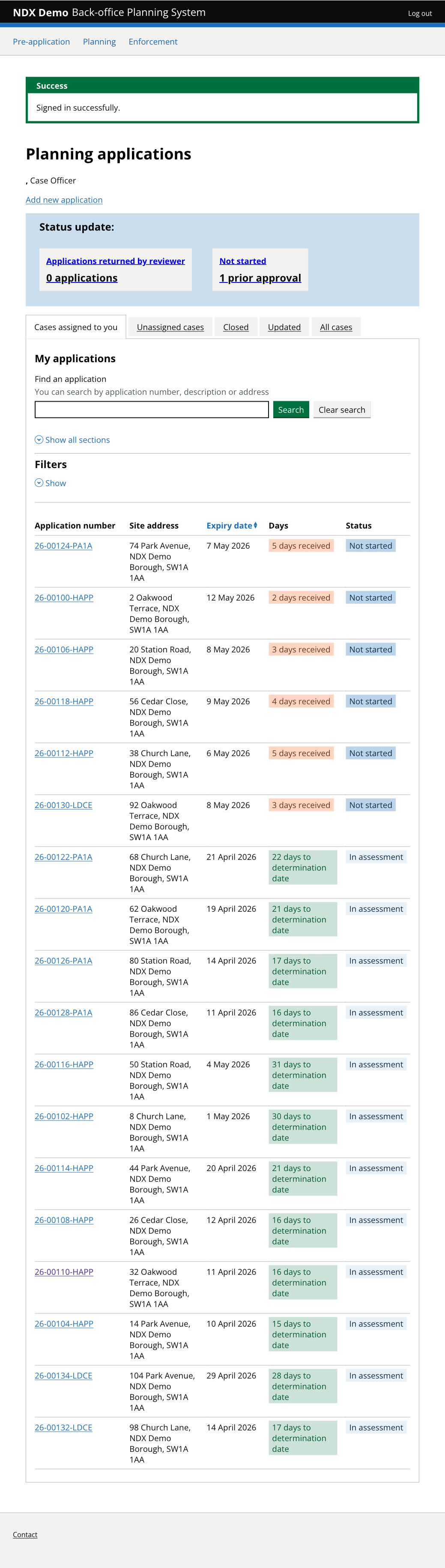 BOPS My Applications dashboard showing 18 assigned planning cases with varied statuses and expiry dates