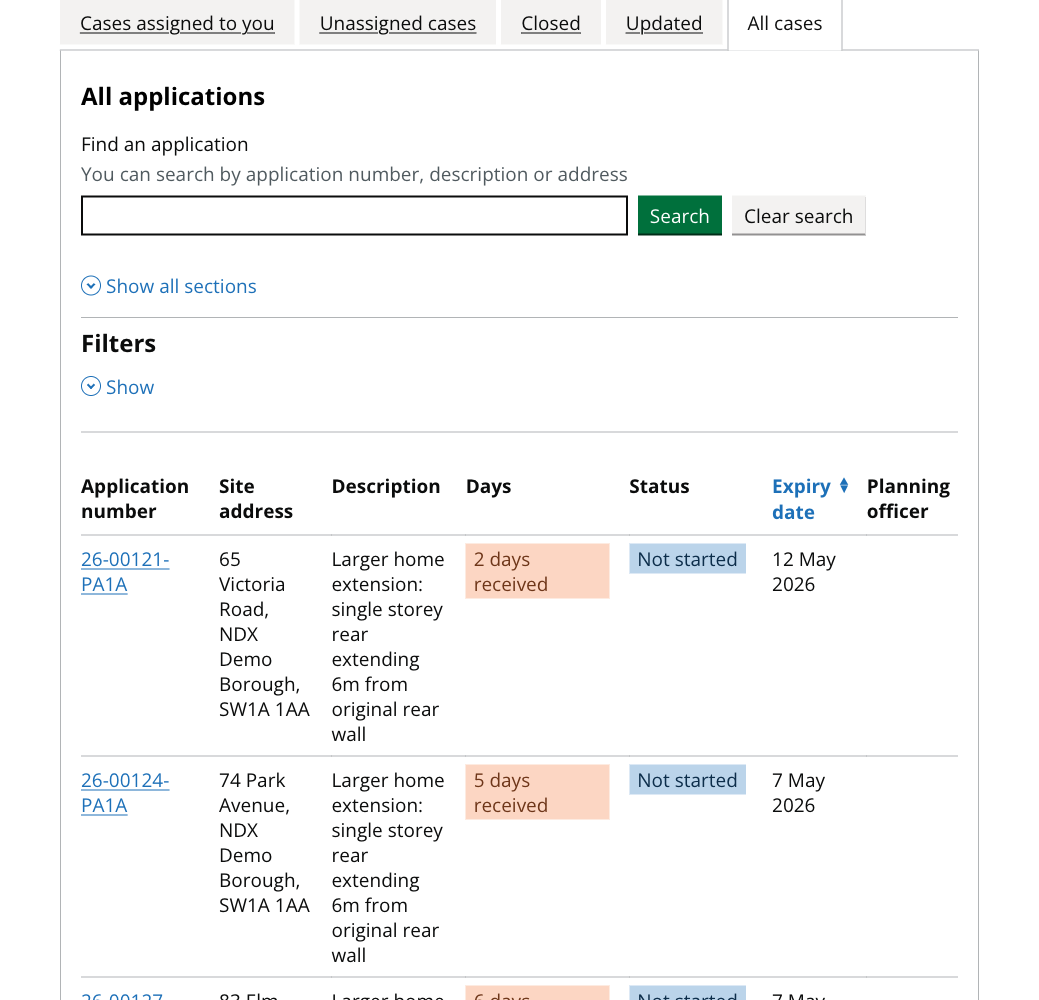 BOPS All Cases tab showing all 35 planning applications with descriptions and planning officer assignments