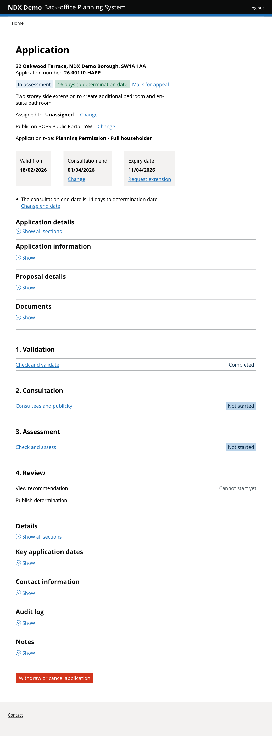 BOPS application detail page showing address, status, key dates, and workflow stages from Validation through to Review