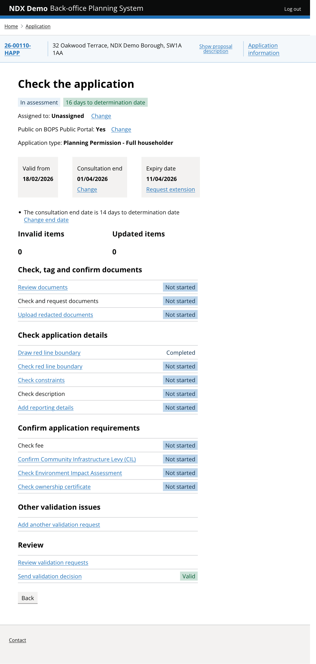 BOPS validation tasks page showing document checks, red line boundary, fee verification, and ownership certificate tasks