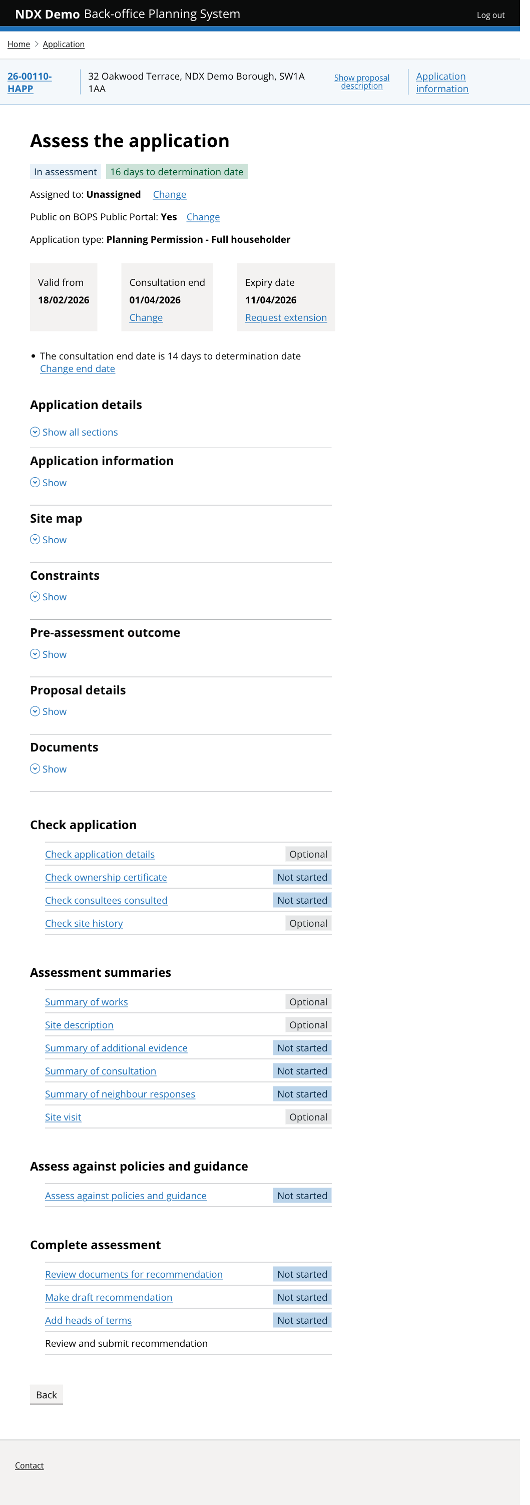 BOPS assessment tasks page showing policy assessment, site visit, consultation summary, and recommendation tasks