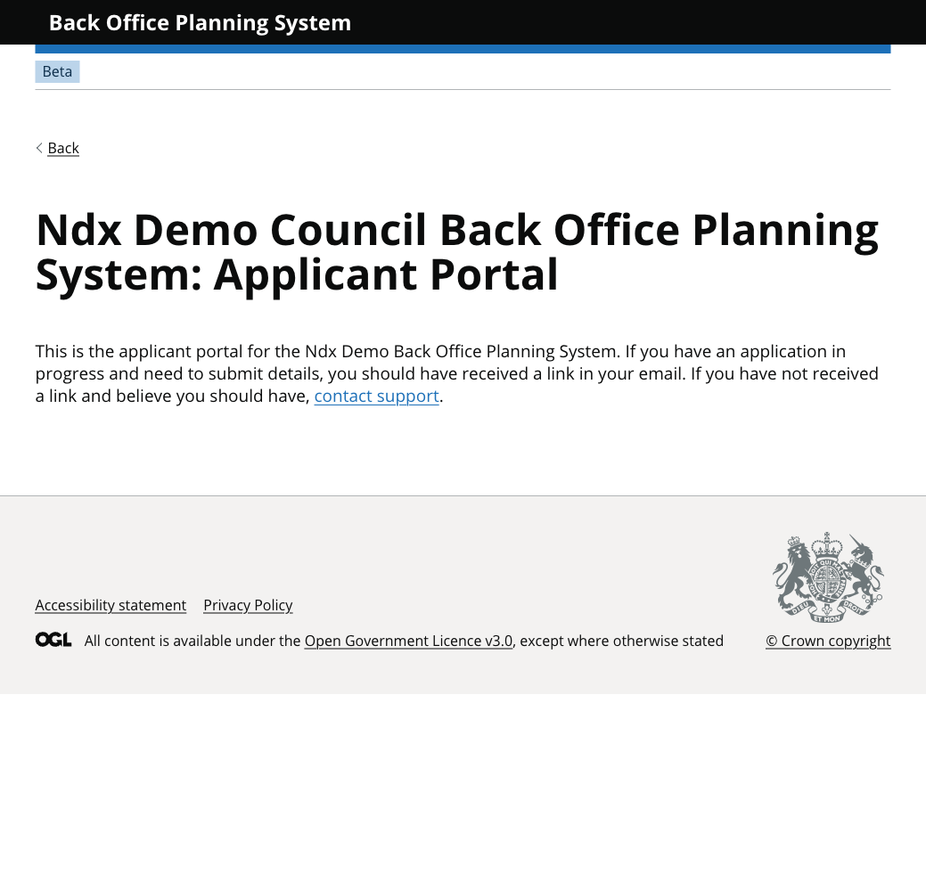 BOPS Applicants Portal homepage showing NDX Demo Council branding