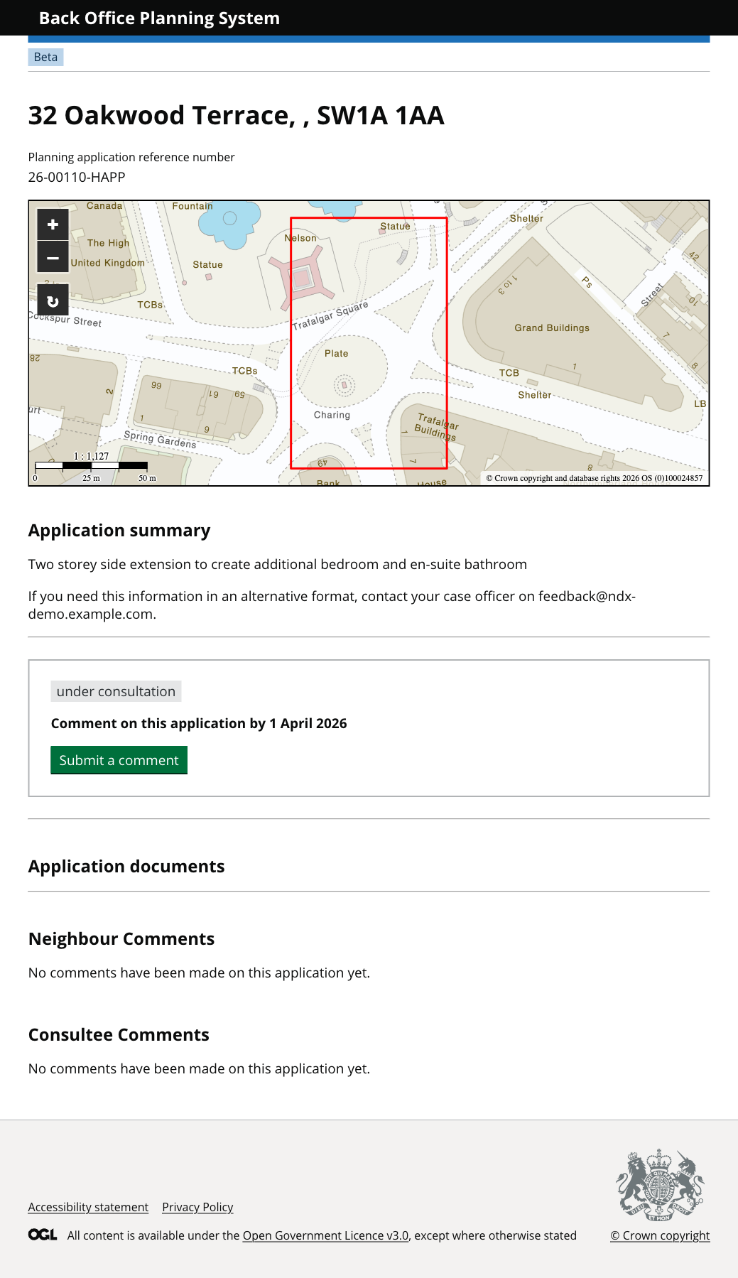 Applicants portal showing a planning application with OS Maps, red line boundary, application summary, and consultation comment form