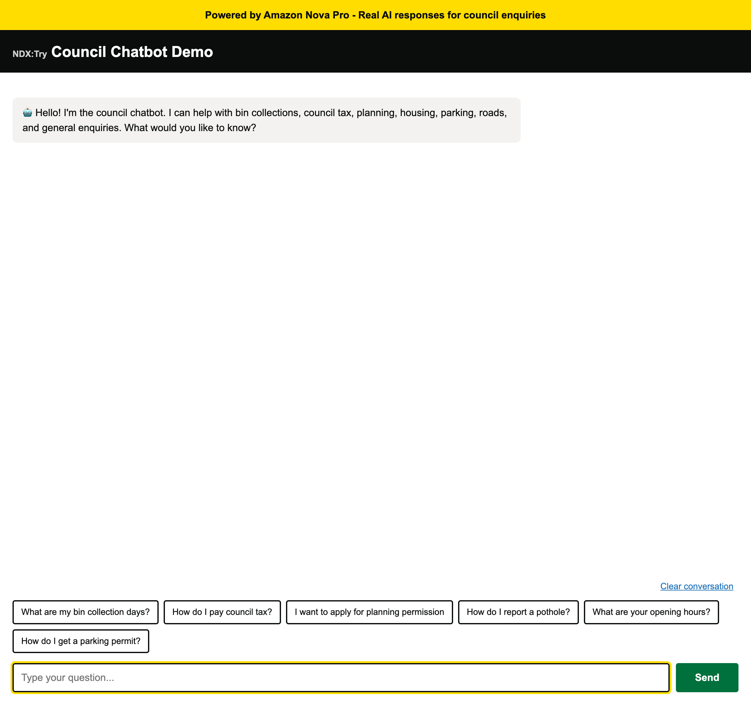 Council Chatbot web interface with welcome message and text input