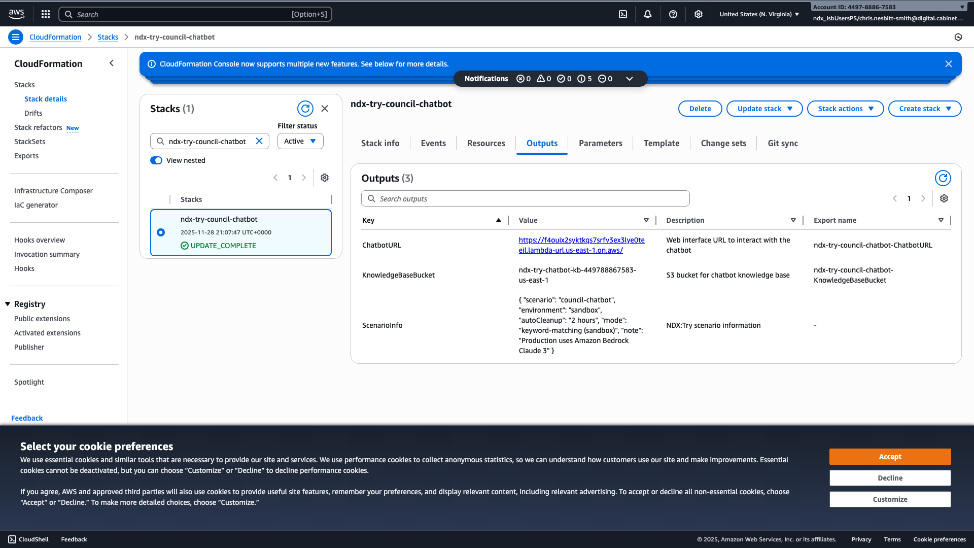 CloudFormation stack outputs page showing the ChatbotURL output value