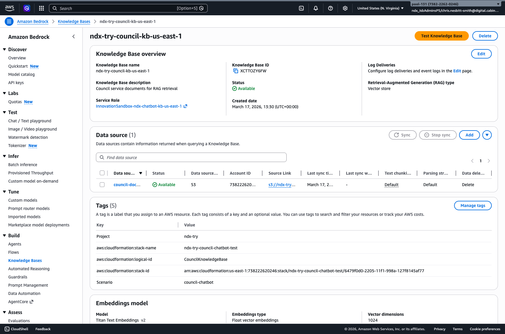 Bedrock Knowledge Base detail page showing the Data source section with Sync button