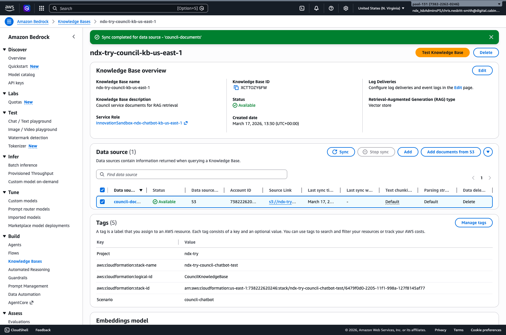 Bedrock console showing sync completed for data source council-documents