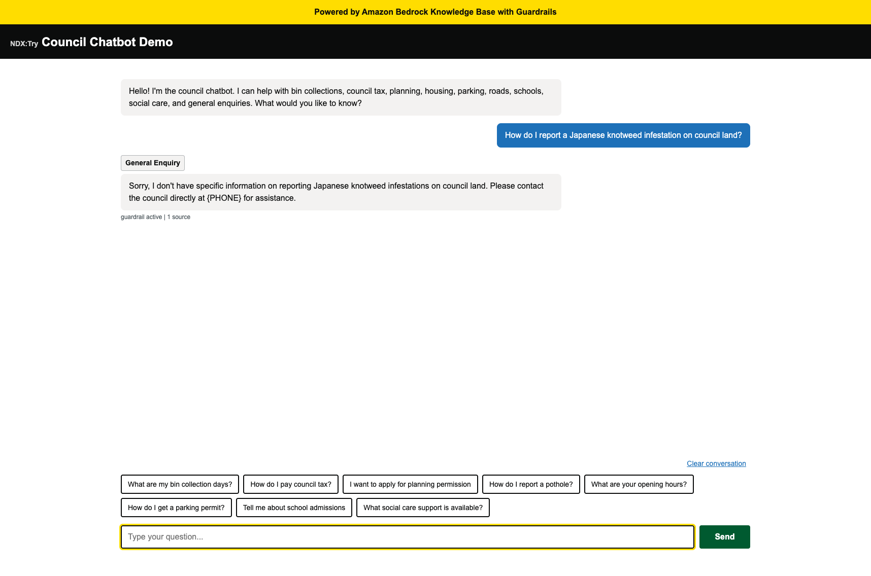 Chatbot responding that it does not have information about Japanese knotweed