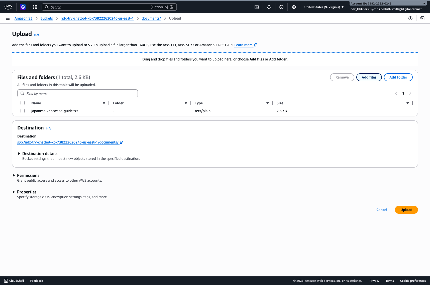 S3 upload page with knotweed-guide.txt selected