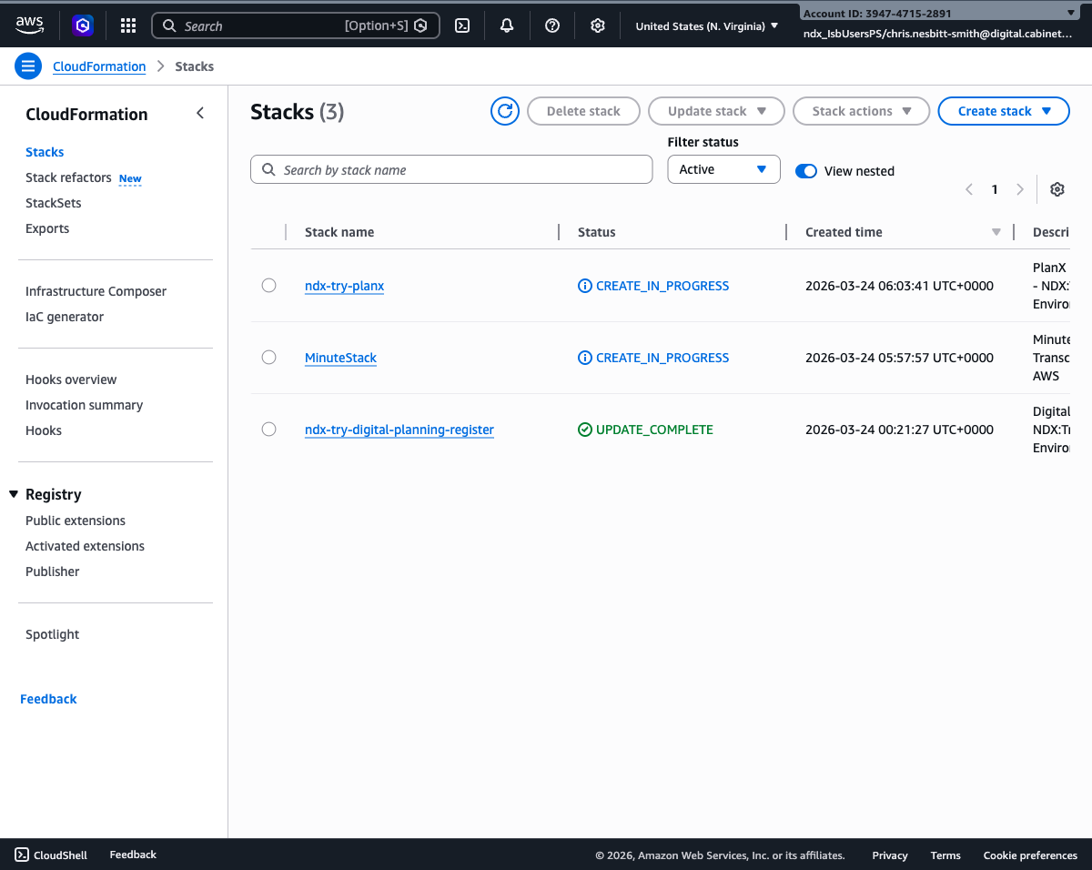 CloudFormation console showing digital-planning-register stack with UPDATE_COMPLETE status