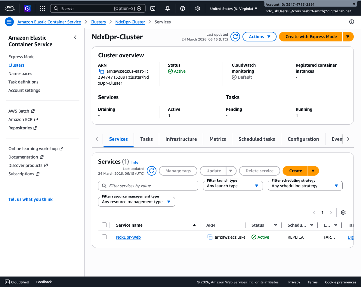 ECS console showing NdxDpr-Cluster with 1 active service, 1 running task, and NdxDpr-Web Fargate service