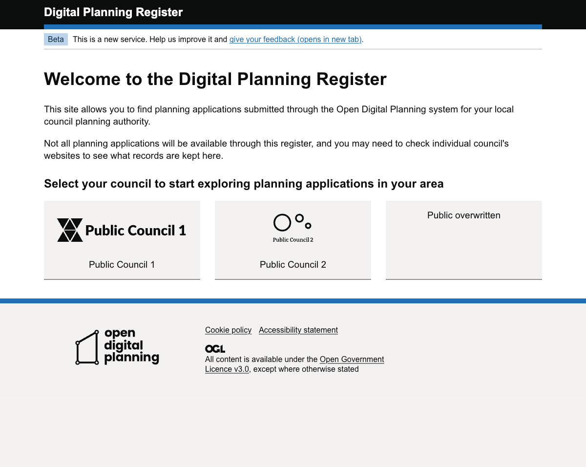 Digital Planning Register homepage showing council selection with Public Council 1, Public Council 2, and Public overwritten options
