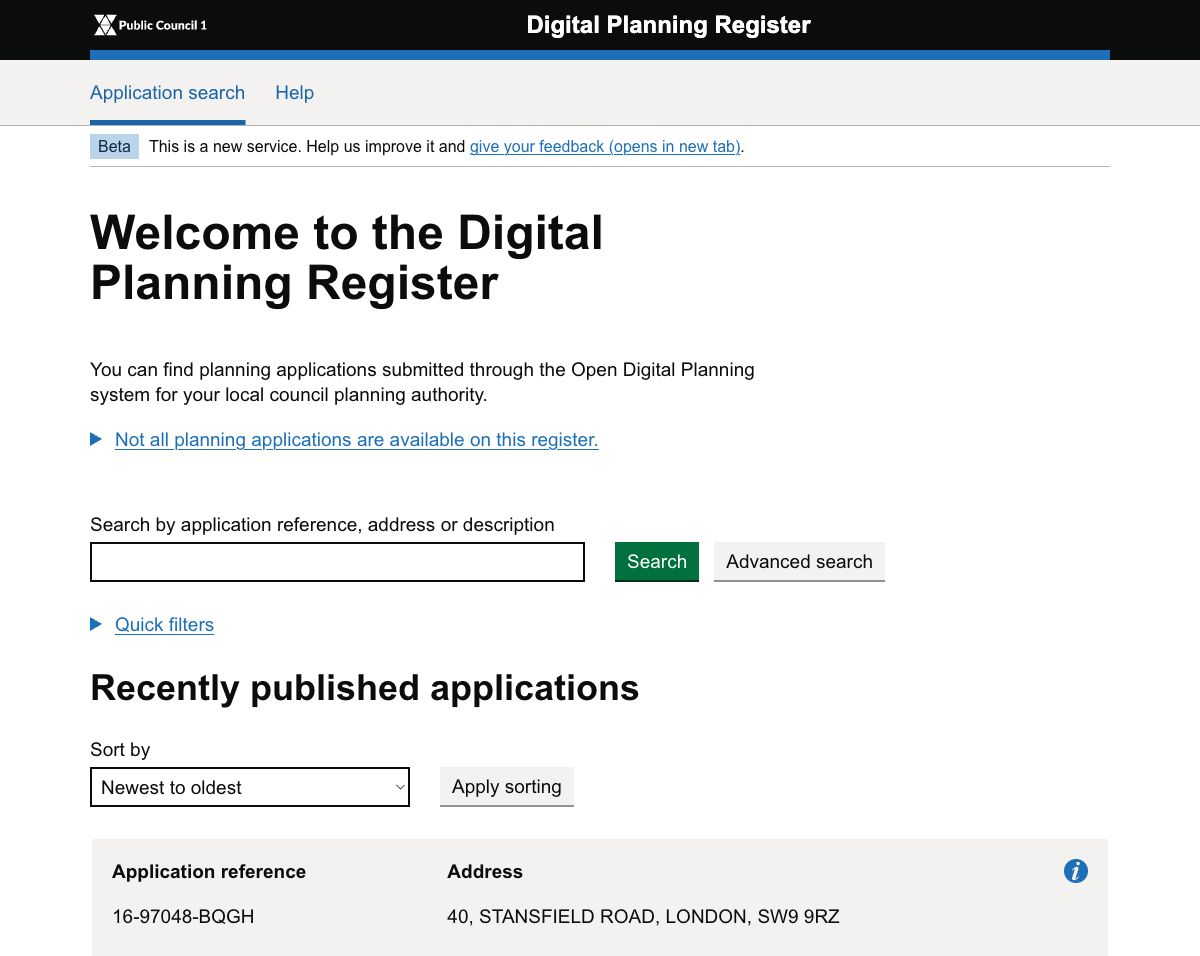 Public Council 1 page showing search bar, quick filters, and recently published planning applications with references, addresses, and statuses