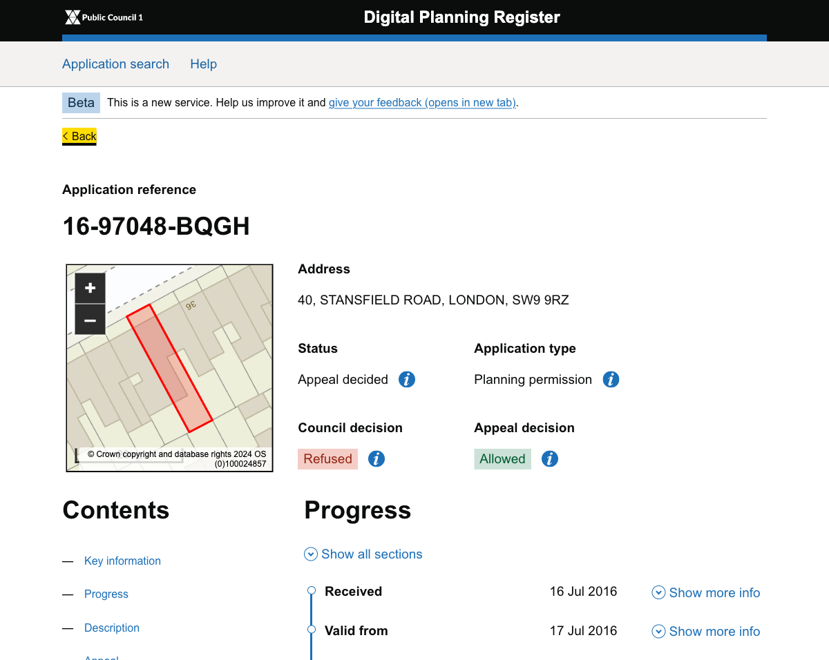 Application detail page showing OS Maps boundary, address, status (Appeal decided), application type, council decision (Refused), appeal decision (Allowed), progress timeline, and table of contents