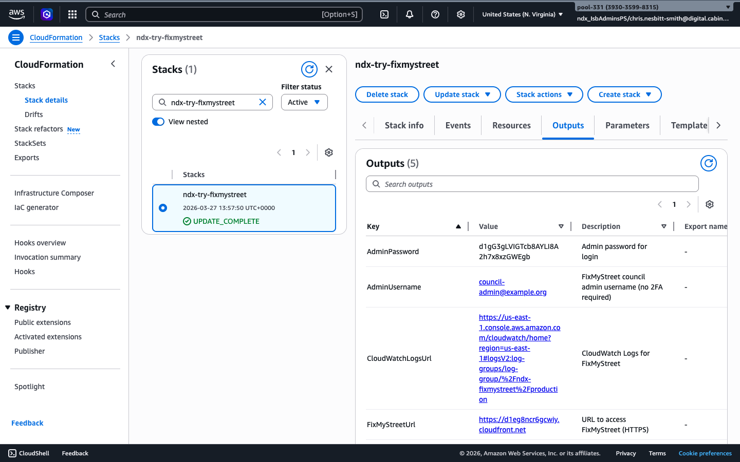CloudFormation Outputs tab showing FixMyStreetUrl, AdminUsername, and AdminPassword values