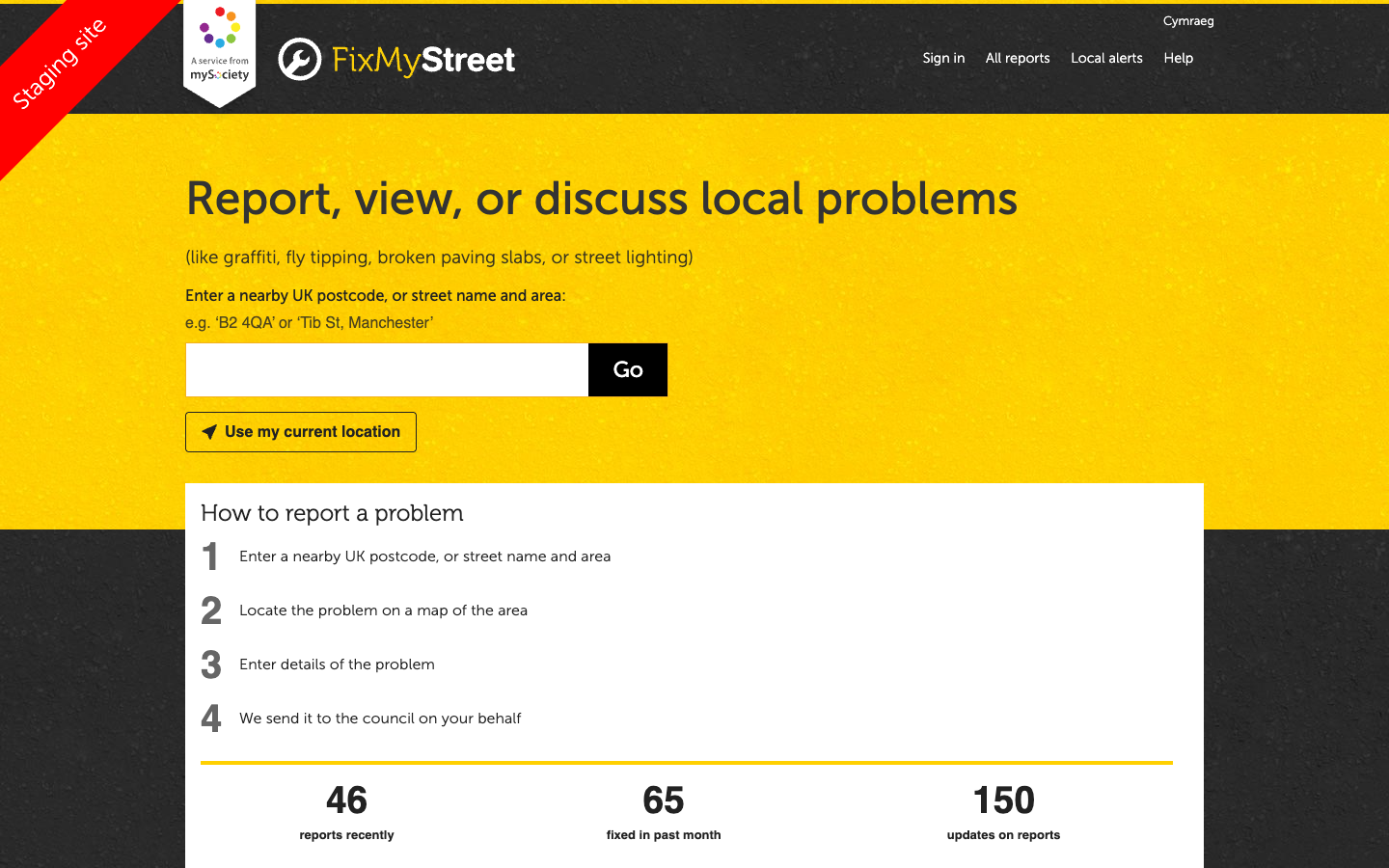 FixMyStreet homepage with postcode search box and statistics showing 46 reports, 65 fixed, and 150 updates