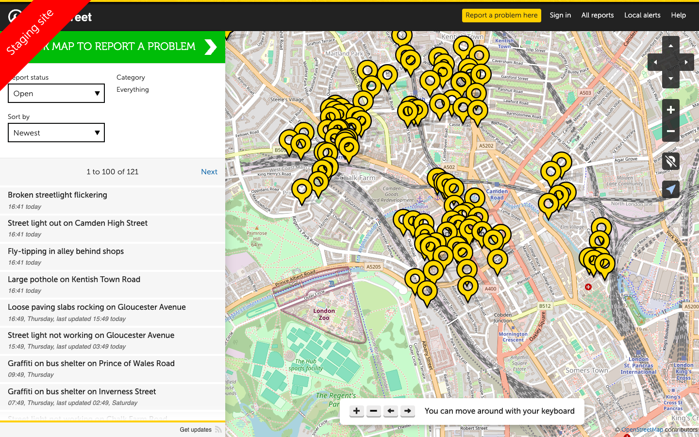 Map view showing yellow report pins spread across the Camden area