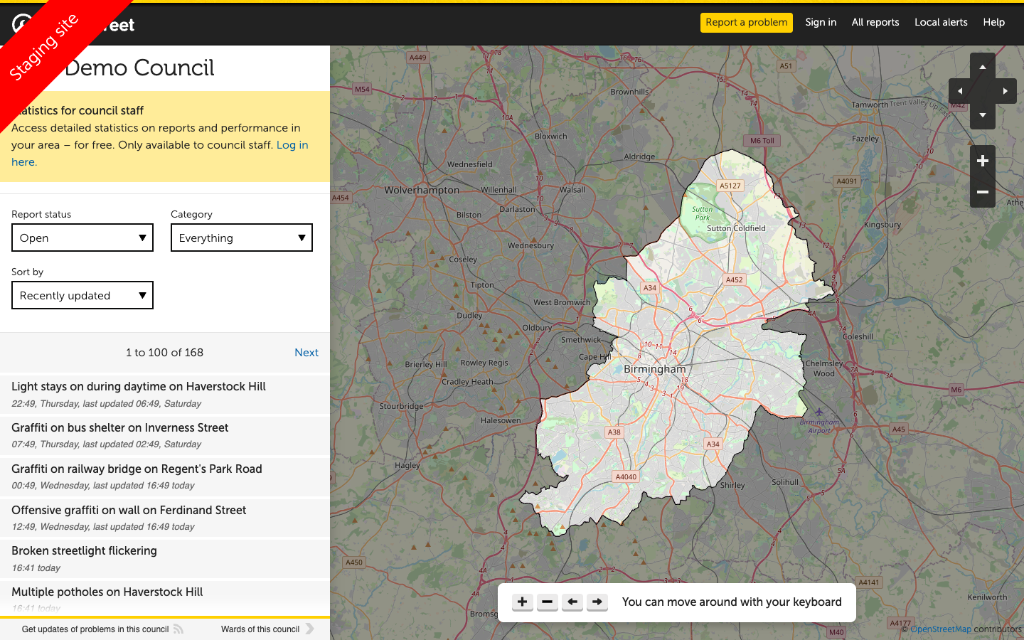 NDX Demo Council reports page showing a map with report pins and a list of reports with categories and statuses