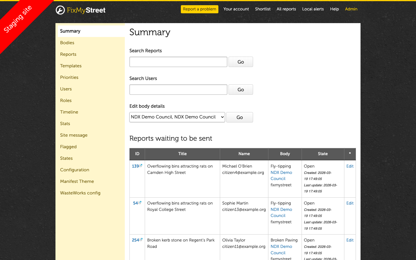 FixMyStreet admin panel showing summary statistics, search functionality, body details, and a reports table