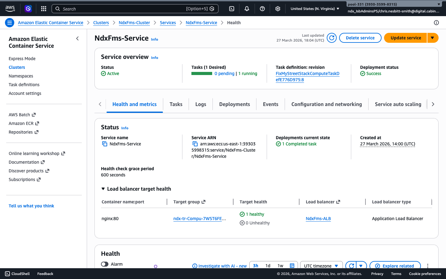 ECS Service health page showing Active status, 1 running task, and nginx:80 target registered as healthy