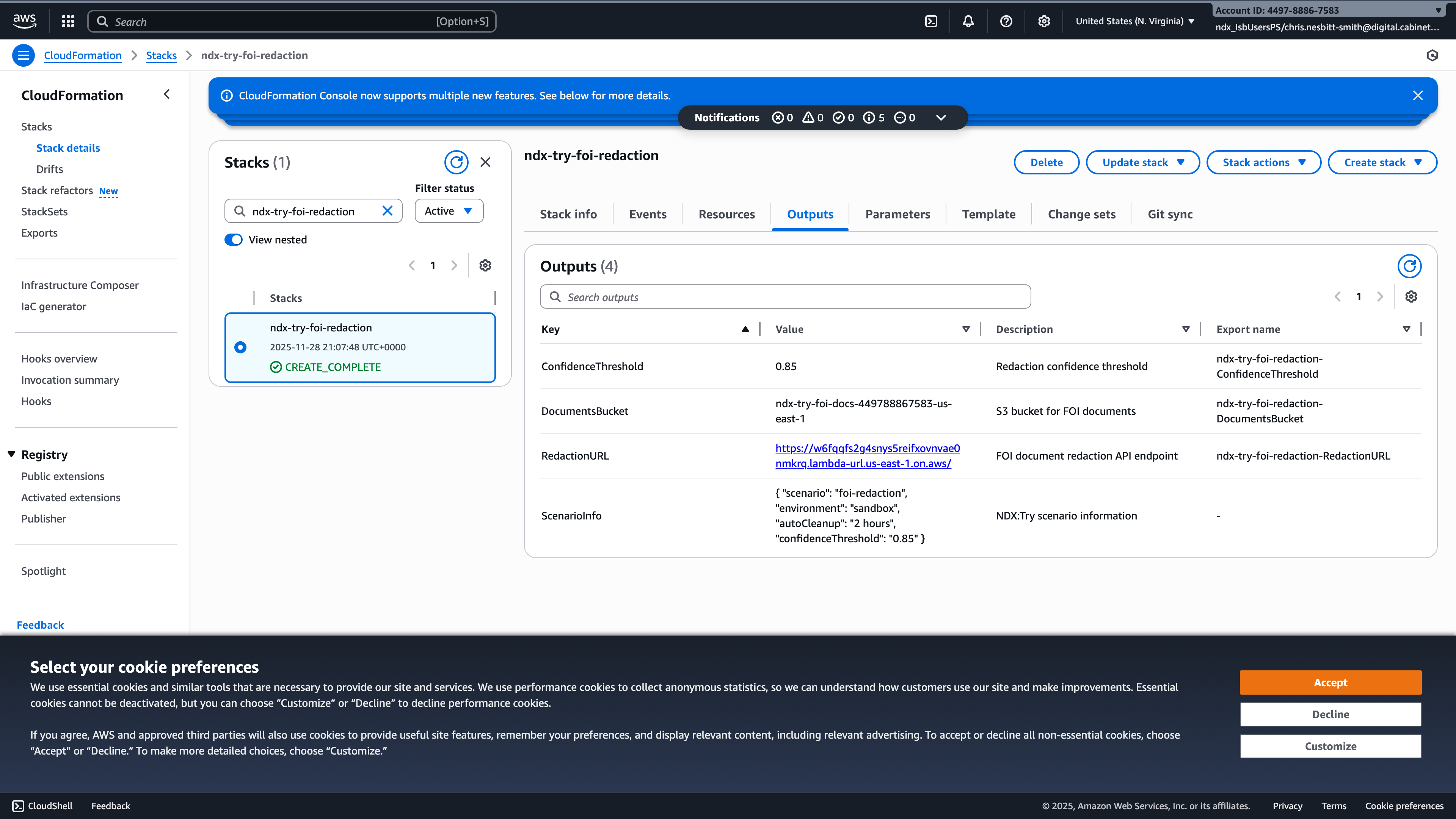 CloudFormation stack outputs showing the FOI Redaction tool URL