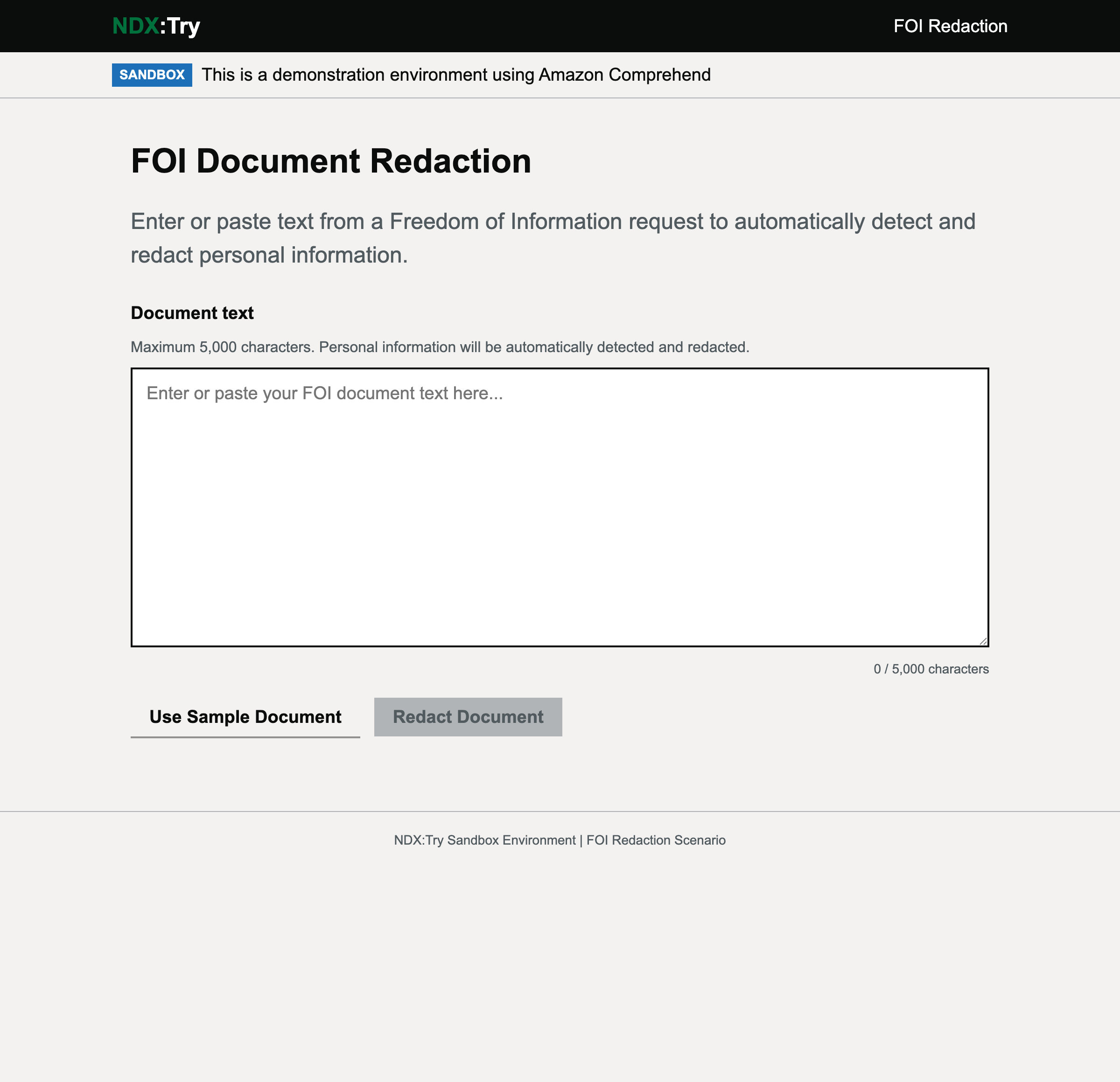 FOI Redaction web interface with document upload and PII detection options
