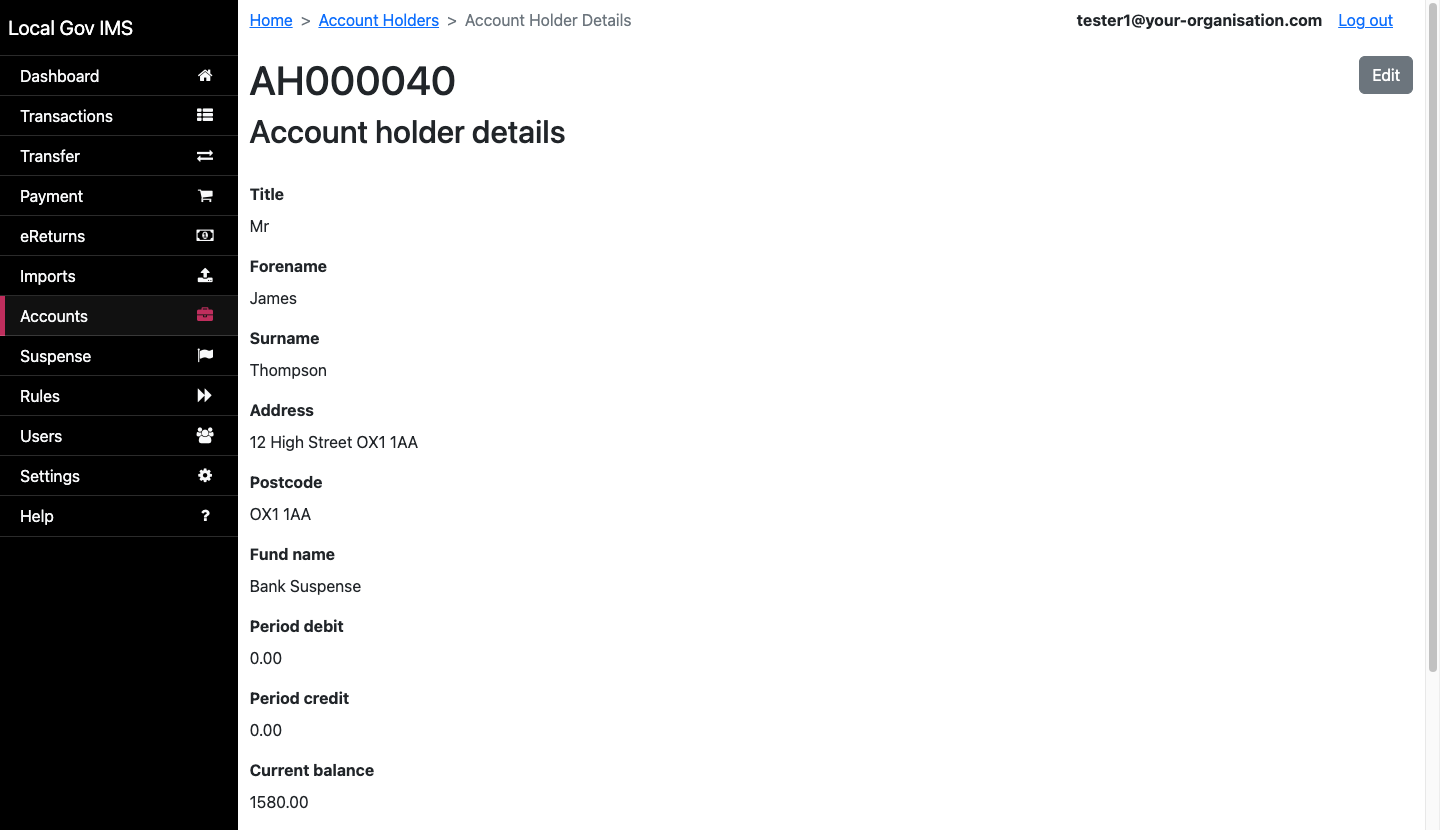 Account holder detail page showing Mr James Thompson at 12 High Street OX1 1AA with balance of 1580.00