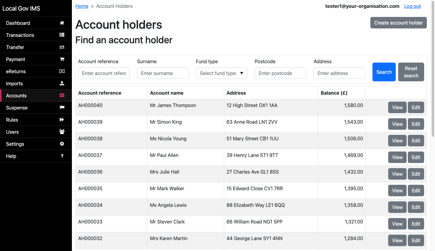 Account holders list showing 40 seeded residents with names, addresses, postcodes and balances