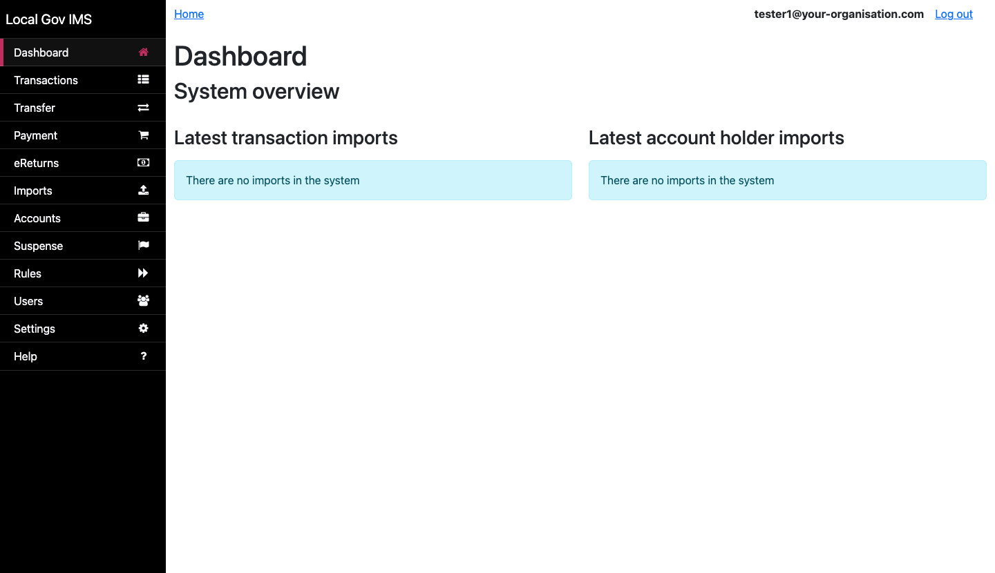 LocalGov IMS admin dashboard showing system overview with navigation sidebar