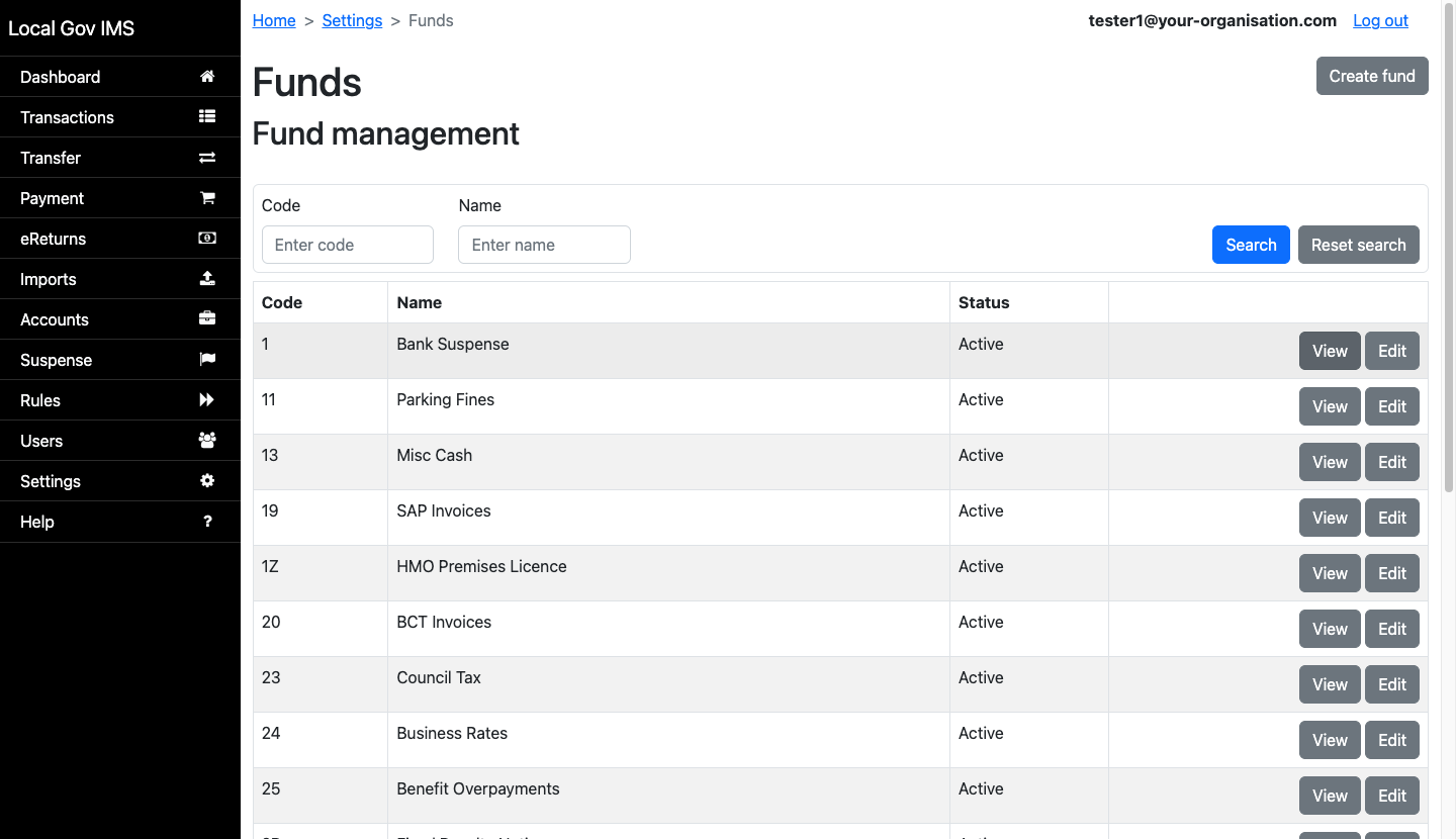 Funds management page showing 19 fund types including Council Tax, Parking Fines, Business Rates