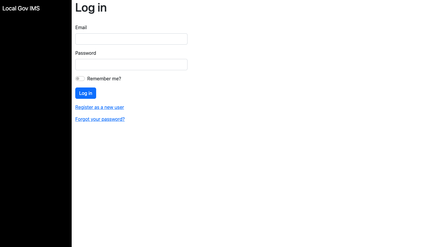 LocalGov IMS admin login page with email and password fields