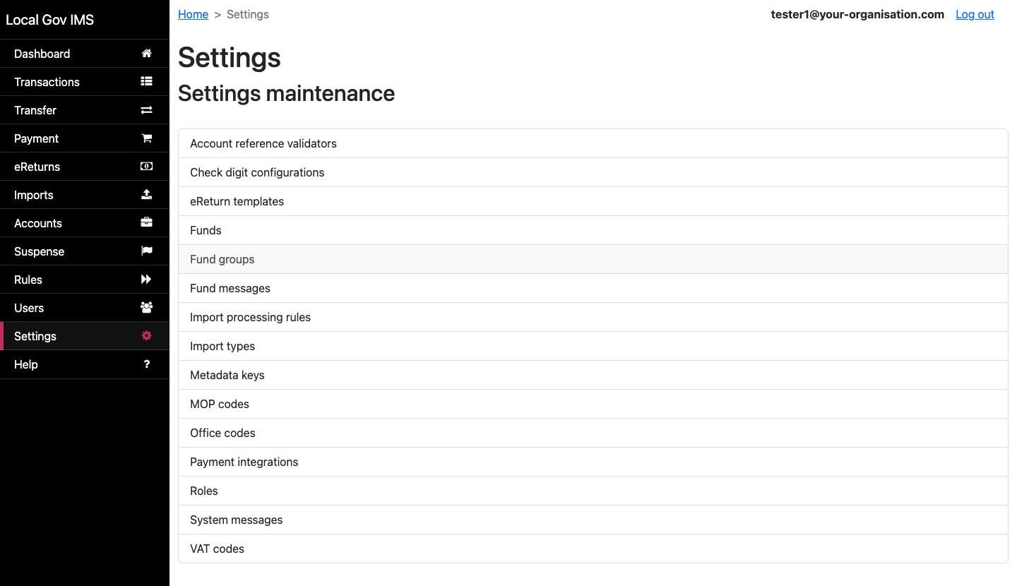 Settings page showing 15 configuration areas including Funds, MOP codes, Roles, and Payment integrations