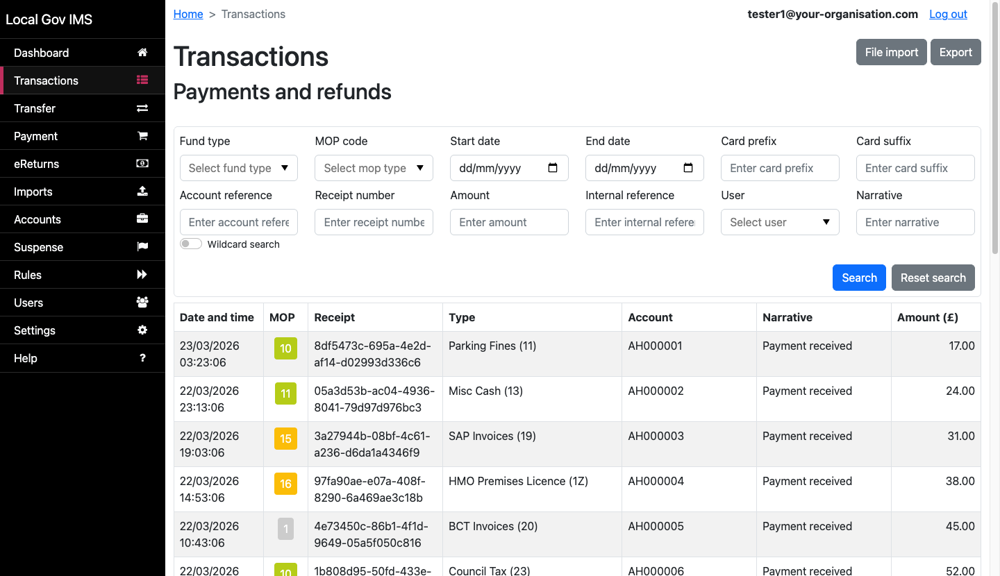 Transactions list showing 500 seeded payments across multiple fund types with search filters