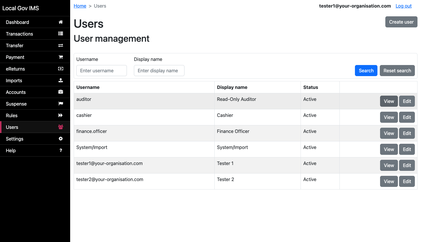 User management page showing 6 users including finance officer, cashier, and auditor roles