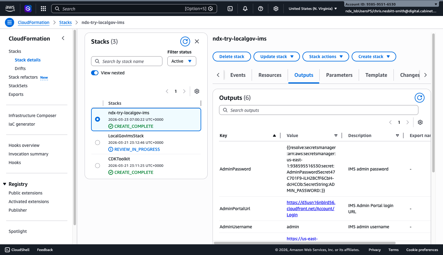 AWS CloudFormation console showing the localgov-ims stack